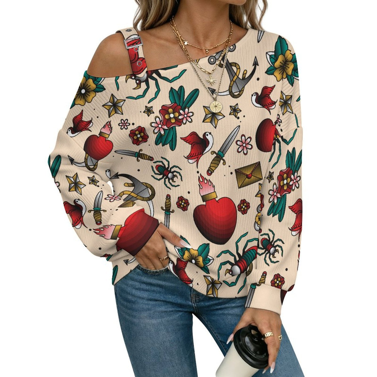 Women’s Off-Shoulder Knit Sweater Vintage Pattern, Old School
