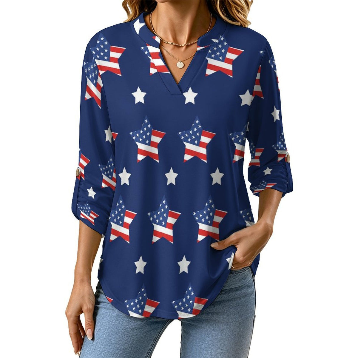 American Flag Star  Versatile Notched V-Neck Tunic | Roll Tab 3/4 Sleeve Office Casual Top