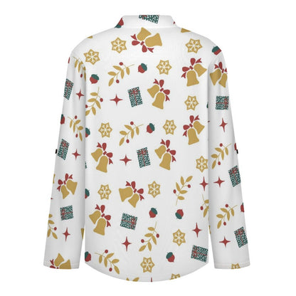 Christmas Pattern Roll Tab 3/4 Sleeve Notched V Neck Tunic Blouse