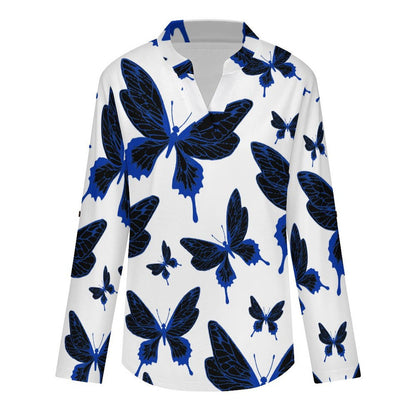 Butterfly Good Luck Repeat Pattern  Versatile Notched V-Neck Tunic | Roll Tab 3/4 Sleeve Office Casual Top