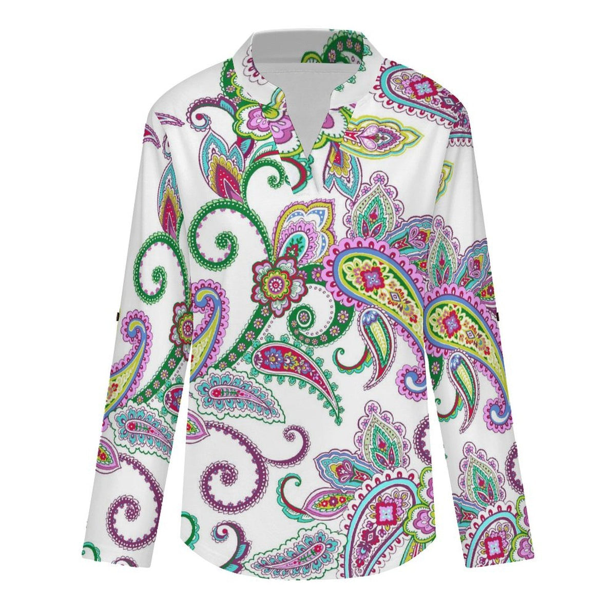 Paisley  Versatile Notched V-Neck Tunic | Roll Tab 3/4 Sleeve Office Casual Top