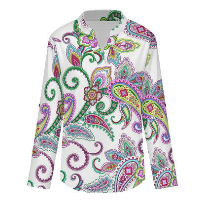 Paisley  Versatile Notched V-Neck Tunic | Roll Tab 3/4 Sleeve Office Casual Top
