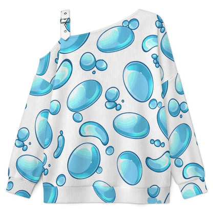Blue Water Droplets Fall Casual Asymmetric Shoulder Knit Top with Buckle Detail