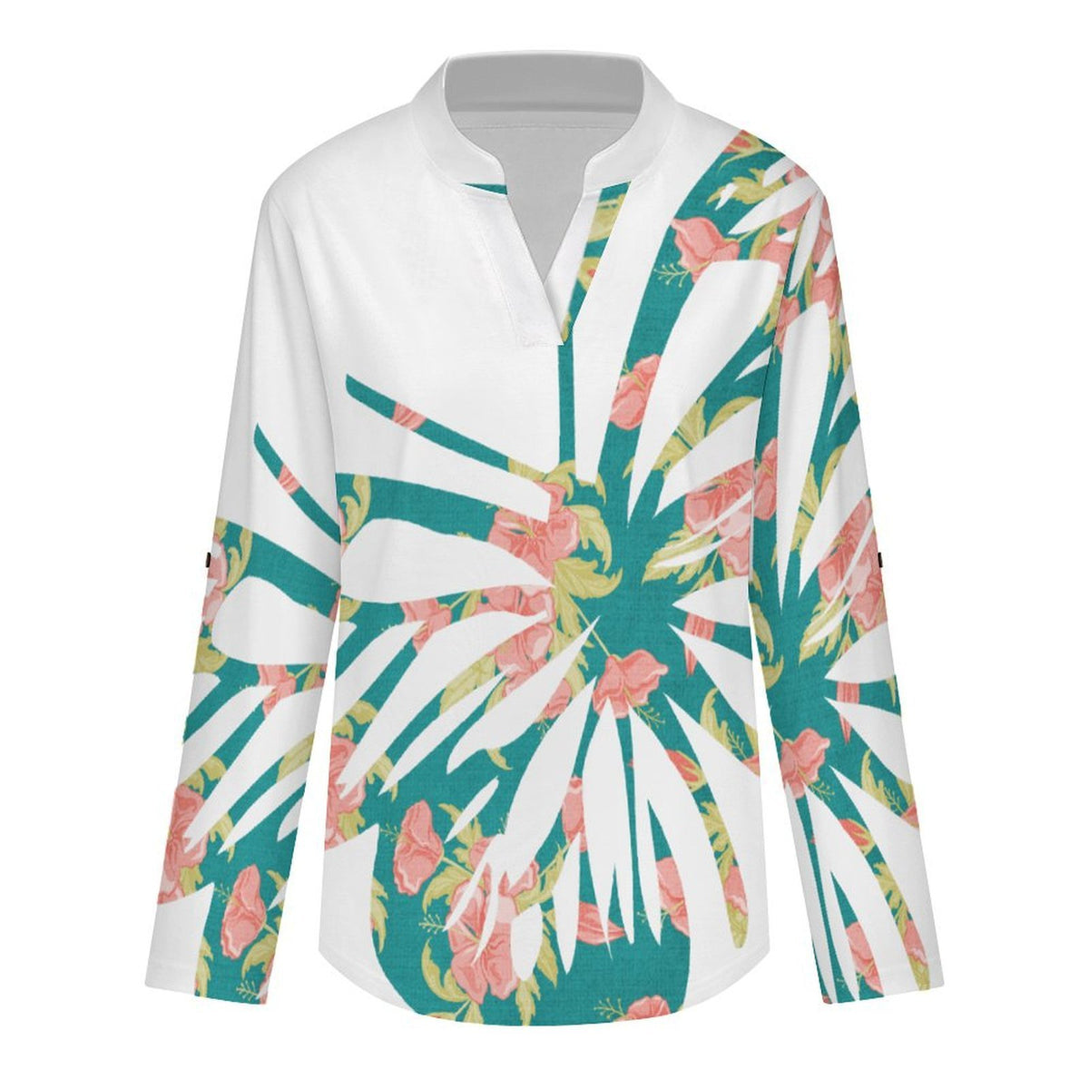 Roll Tab 3/4 Sleeve Notched V Neck Tunic Blouse  Blue, Butterfly, Paper Cutting