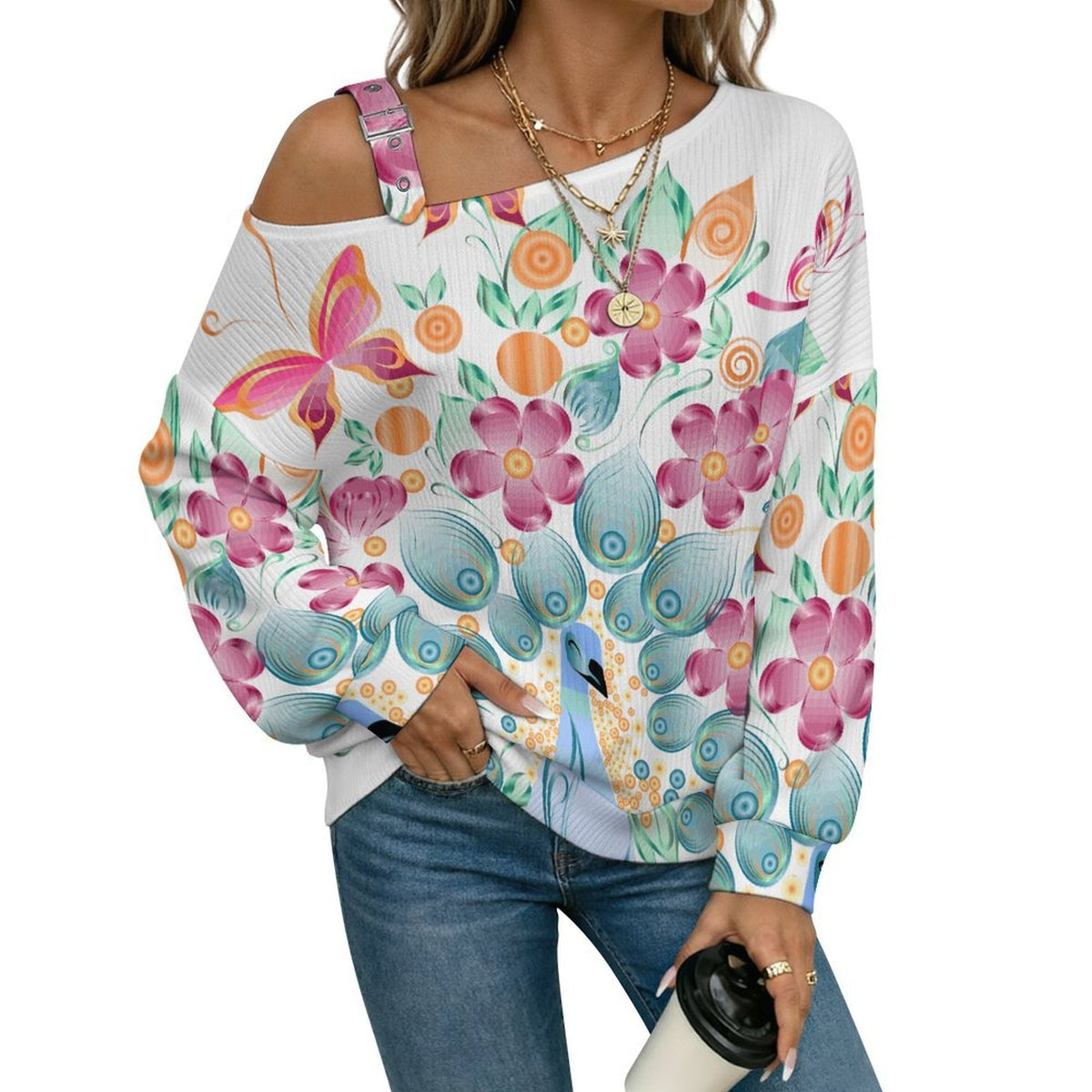 Buckle Strap Asymmetrical Off Shoulder Knit Sweater Peacock Butterfly Flower