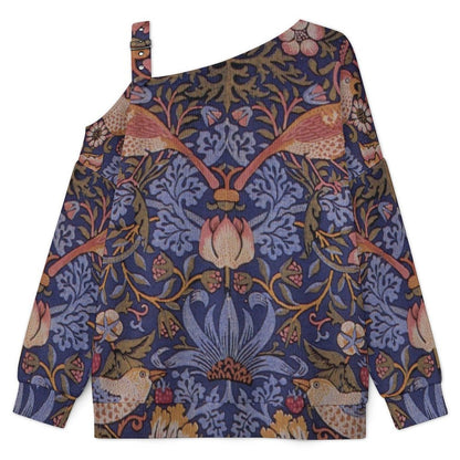 Fall Casual Asymmetric Shoulder Knit Top with Buckle Detail Retro Pattern, Bird
