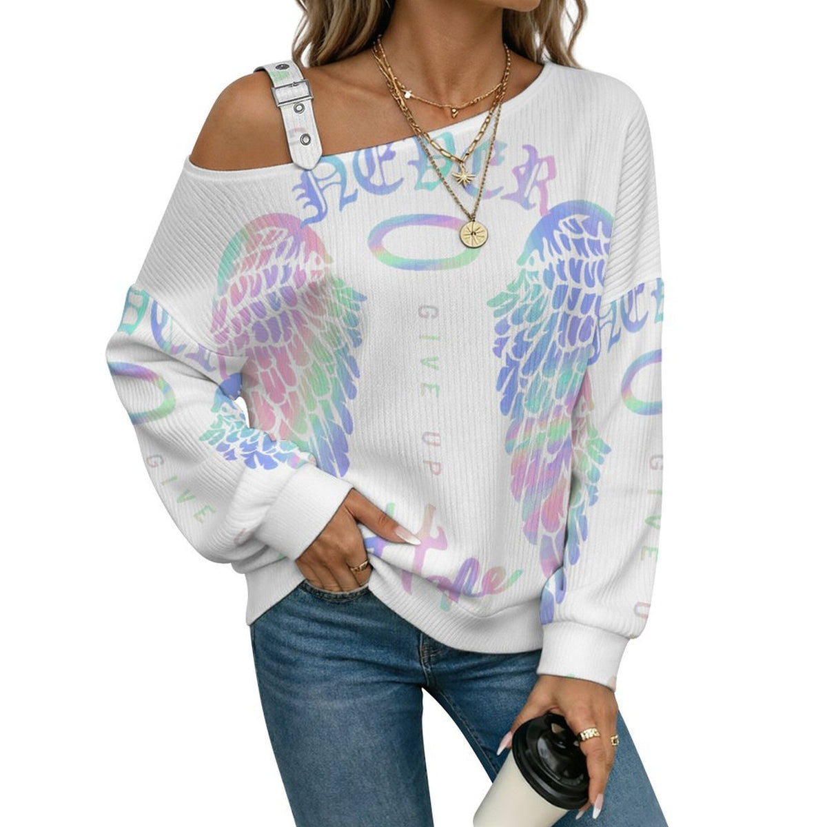 Fall Casual Asymmetric Shoulder Knit Top with Buckle Detail Colorful Wings, Hope