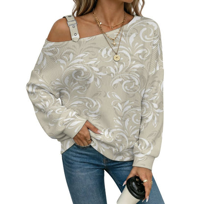 Off-the-shoulder Sweater European Retro Pattern white S Women’s Off-Shoulder Knit Sweater