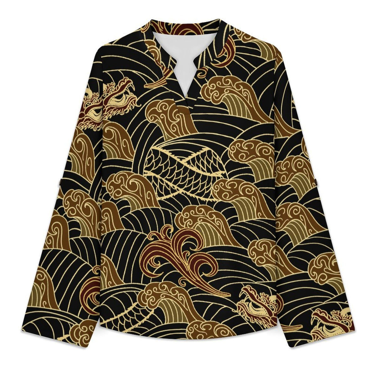 Retro Pattern, Cloud, Dragon Roll Tab 3/4 Sleeve Notched V Neck Tunic Blouse