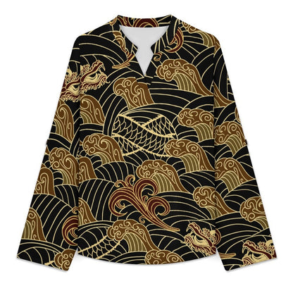 Retro Pattern, Cloud, Dragon Roll Tab 3/4 Sleeve Notched V Neck Tunic Blouse