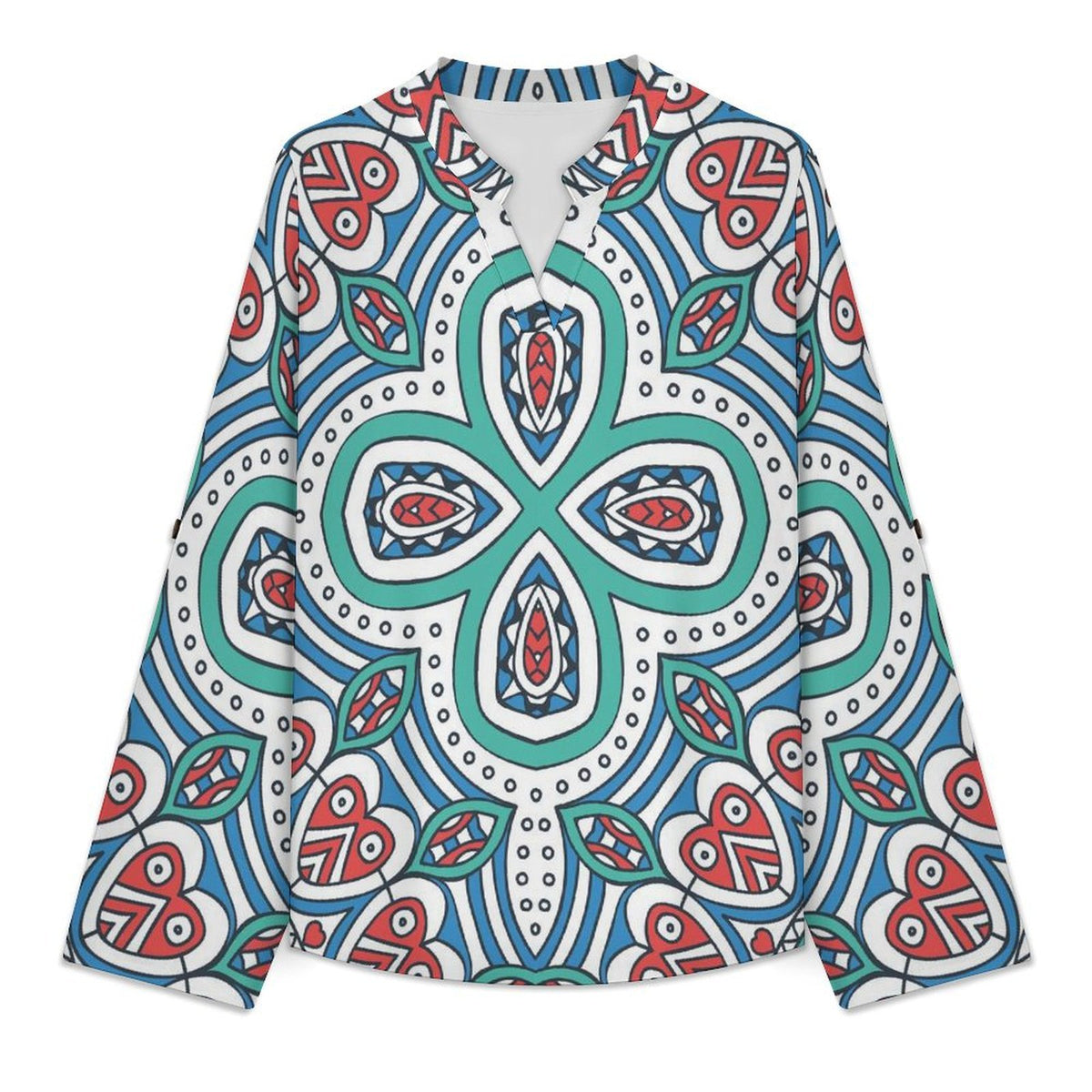 Roll Tab 3/4 Sleeve Notched V Neck Tunic Blouse  Chinese Style Repeating Pattern