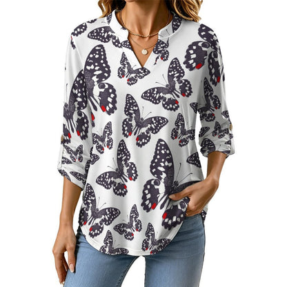 Women's Notched V Neck Tunic Tops, Roll Up 3/4 Sleeve Button Cuff Casual Blouse, Hem Loose Work Shirts  Butterfly, Repeating Pattern