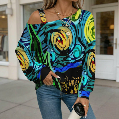 Fall Casual Asymmetric Shoulder Knit Top with Buckle Detail Abstract Painting, Witness