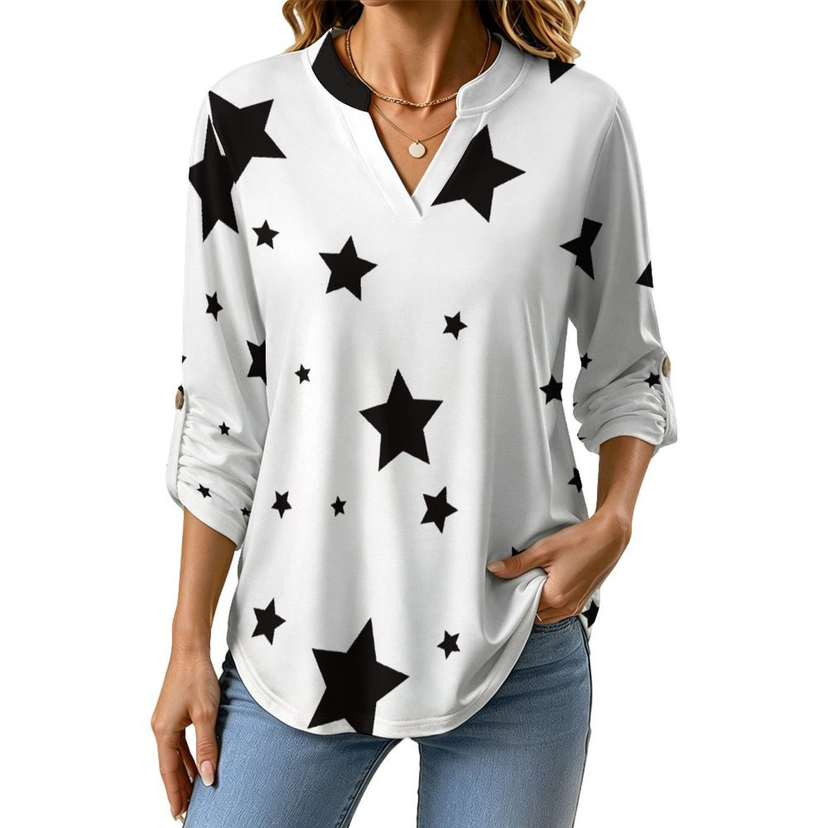 Stand-up Collar Long-sleeved Shirt The Stars Repeat The Black Pattern white S Women’s V-Neck Blouses