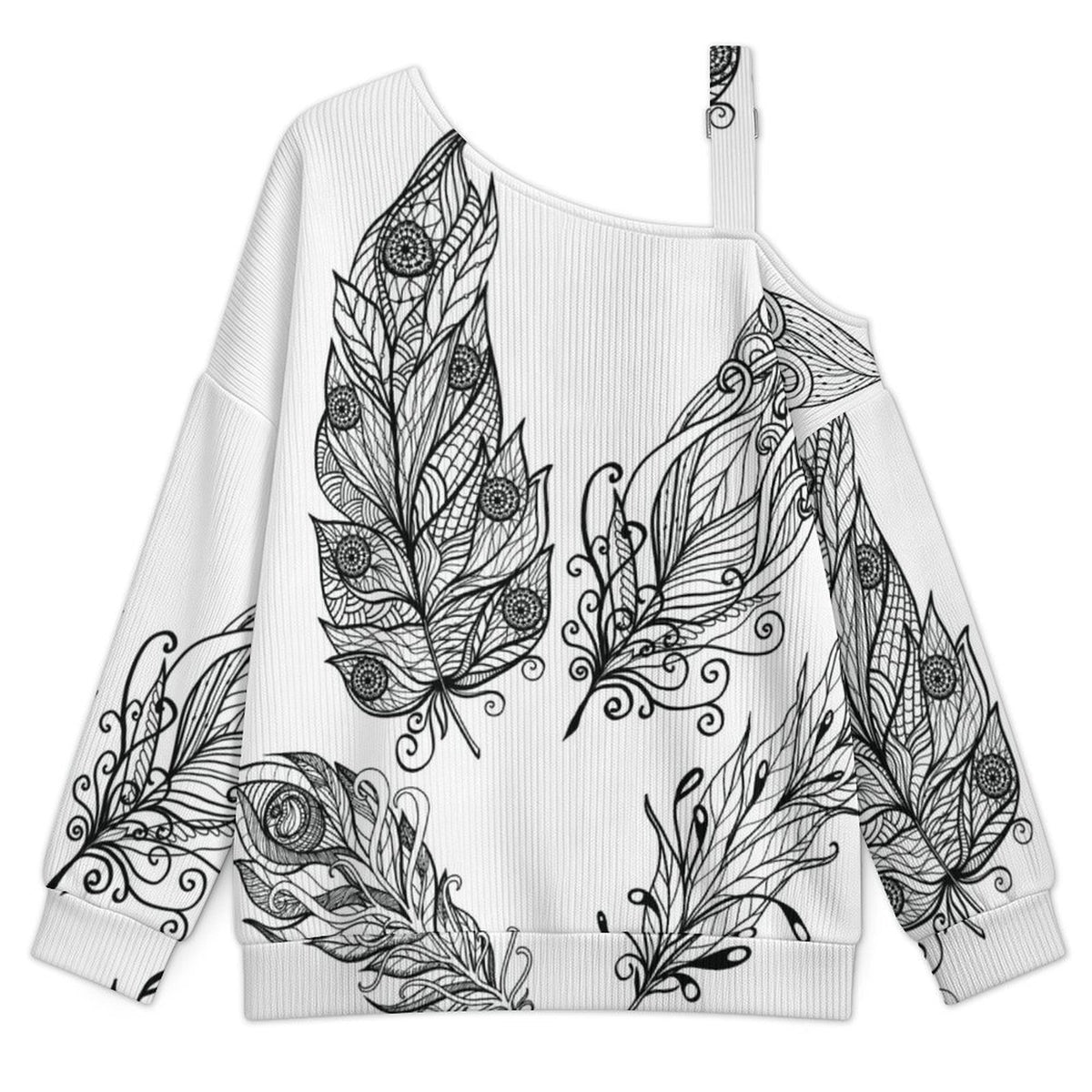 Feathers Fall Casual Asymmetric Shoulder Knit Top with Buckle Detail