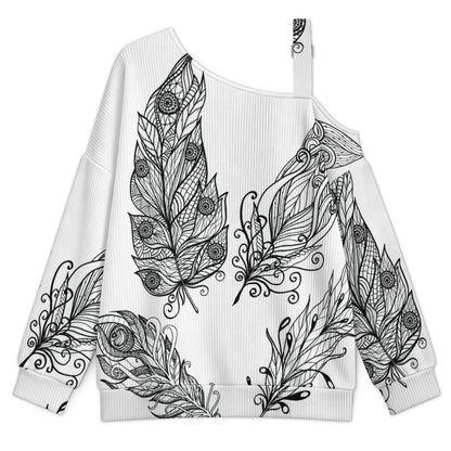 Feathers Fall Casual Asymmetric Shoulder Knit Top with Buckle Detail