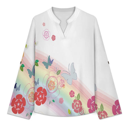 Women's Notched V Neck Tunic Tops, Roll Up 3/4 Sleeve Button Cuff Casual Blouse, Hem Loose Work Shirts  Colored Butterfly