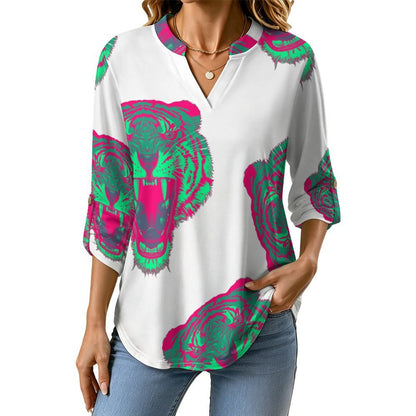 Women's Notched V Neck Tunic Tops, Roll Up 3/4 Sleeve Button Cuff Casual Blouse, Hem Loose Work Shirts  Tiger - Repeat Pattern - Short Skirt