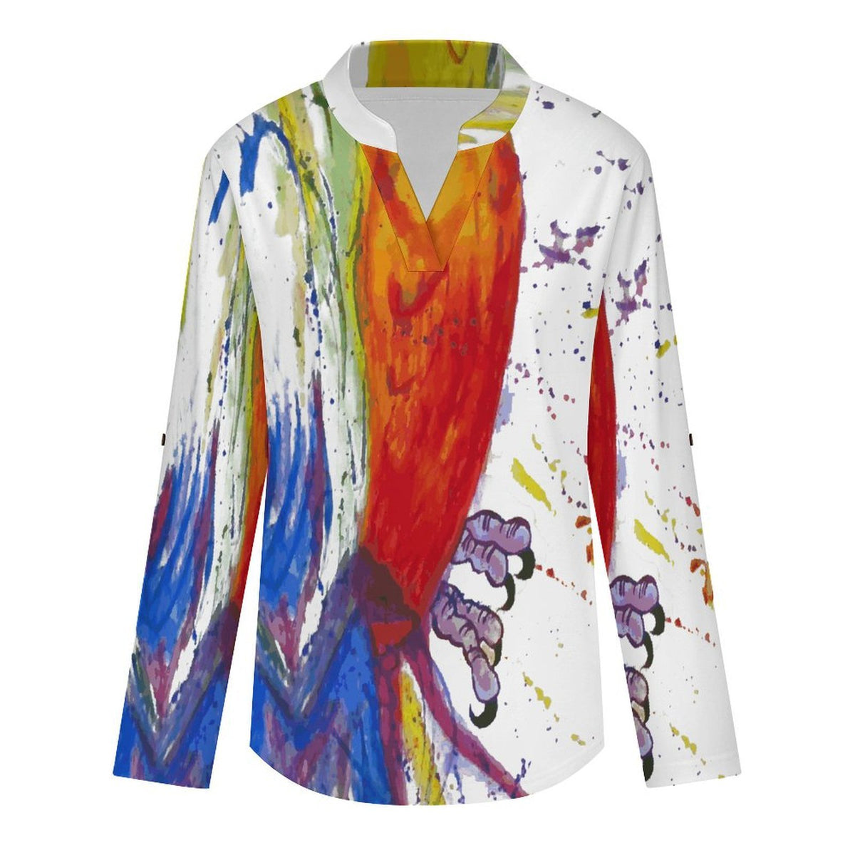 Women's Notched V Neck Tunic Tops, Roll Up 3/4 Sleeve Button Cuff Casual Blouse, Hem Loose Work Shirts Painting, Parrot