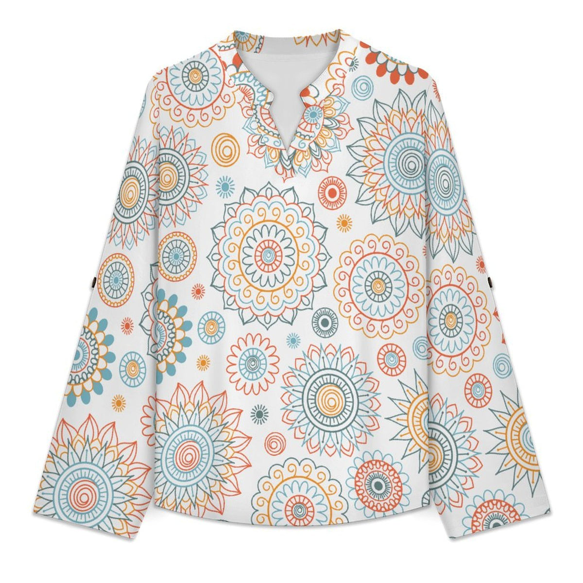Women's Notched V Neck Tunic Tops, Roll Up 3/4 Sleeve Button Cuff Casual Blouse, Hem Loose Work Shirts Repetitive Pattern