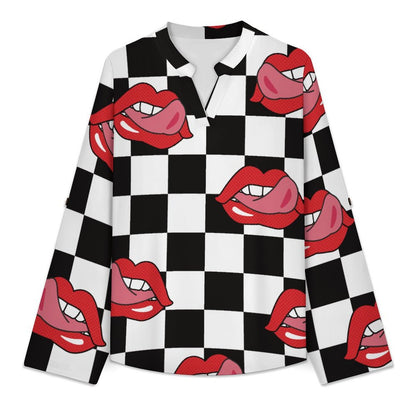 Pop Style Red Lips Repeat Pattern Black And White Checkered Roll Tab 3/4 Sleeve Notched V Neck Tunic Blouse