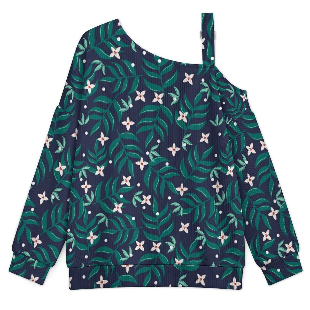 Long Sleeve Relaxed-Fit Solid Pullover Flower Pattern Green