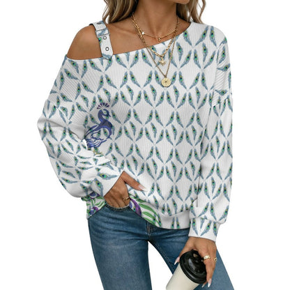 Women’s Off-Shoulder Knit Sweater Blue Peacock Feather
