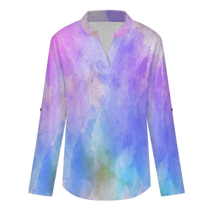 Color, Dazzling Color  Versatile Notched V-Neck Tunic | Roll Tab 3/4 Sleeve Office Casual Top