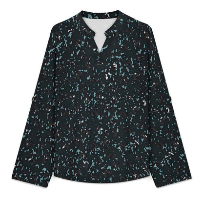 Roll Tab 3/4 Sleeve Notched V Neck Tunic Blouse  Plant Bird Leaves