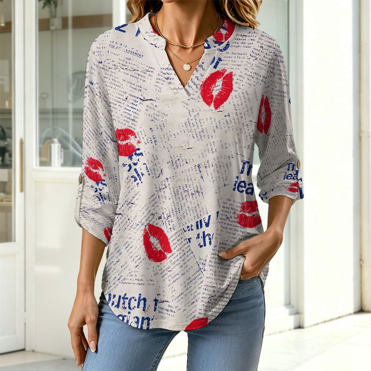 Versatile Notched V-Neck Tunic  Roll Tab 3/4 Sleeve Office Casual Top  Newspaper Red Lip Print Blue Letters