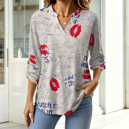 Versatile Notched V-Neck Tunic  Roll Tab 3/4 Sleeve Office Casual Top  Newspaper Red Lip Print Blue Letters