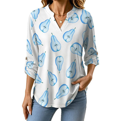 Pear, Repeating Pattern  Versatile Notched V-Neck Tunic | Roll Tab 3/4 Sleeve Office Casual Top