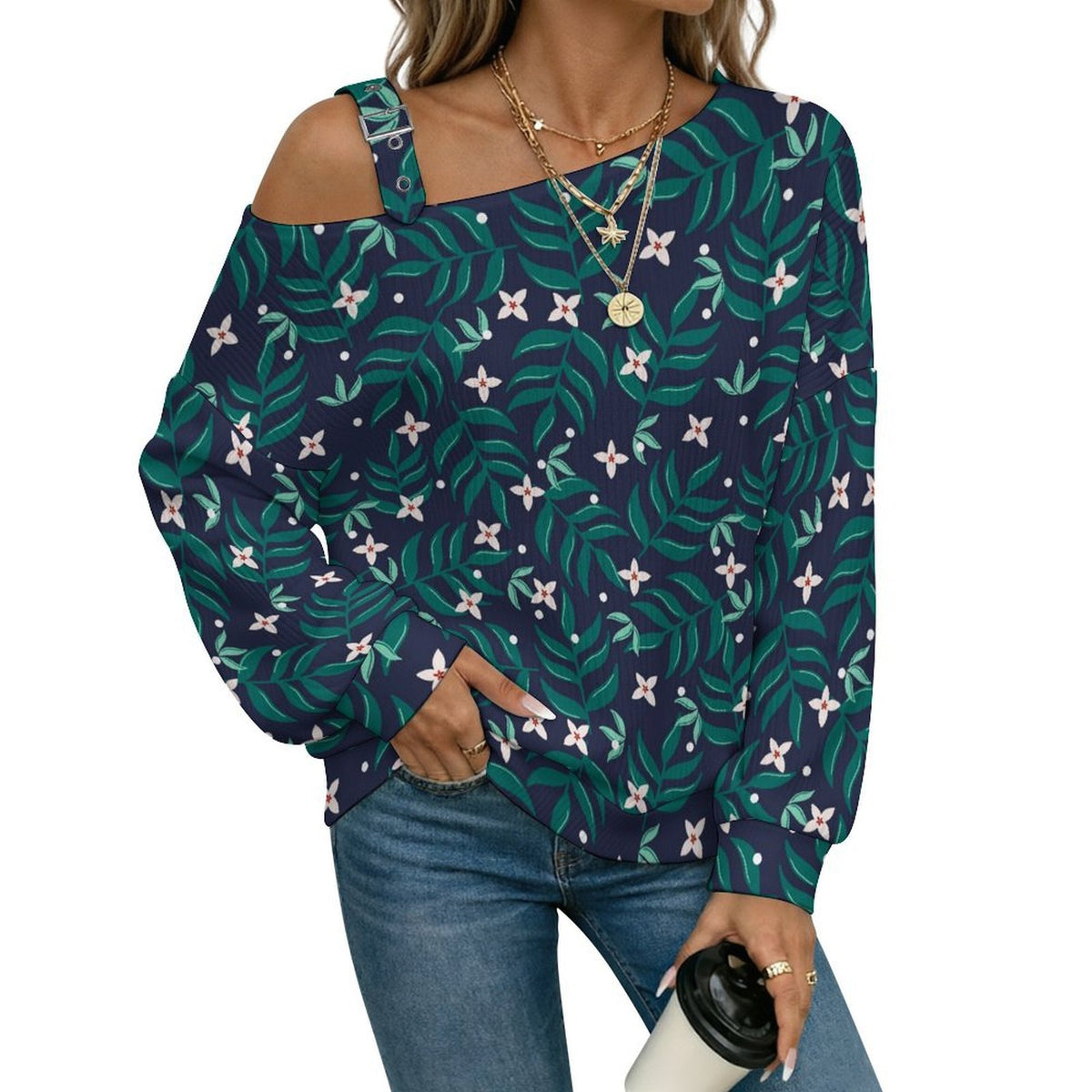 Long Sleeve Relaxed-Fit Solid Pullover Flower Pattern Green