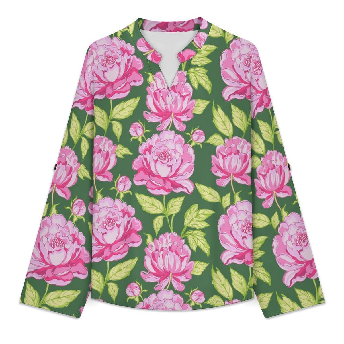 Roll Tab 3/4 Sleeve Notched V Neck Tunic Blouse  Pink, Peony, Pink Green