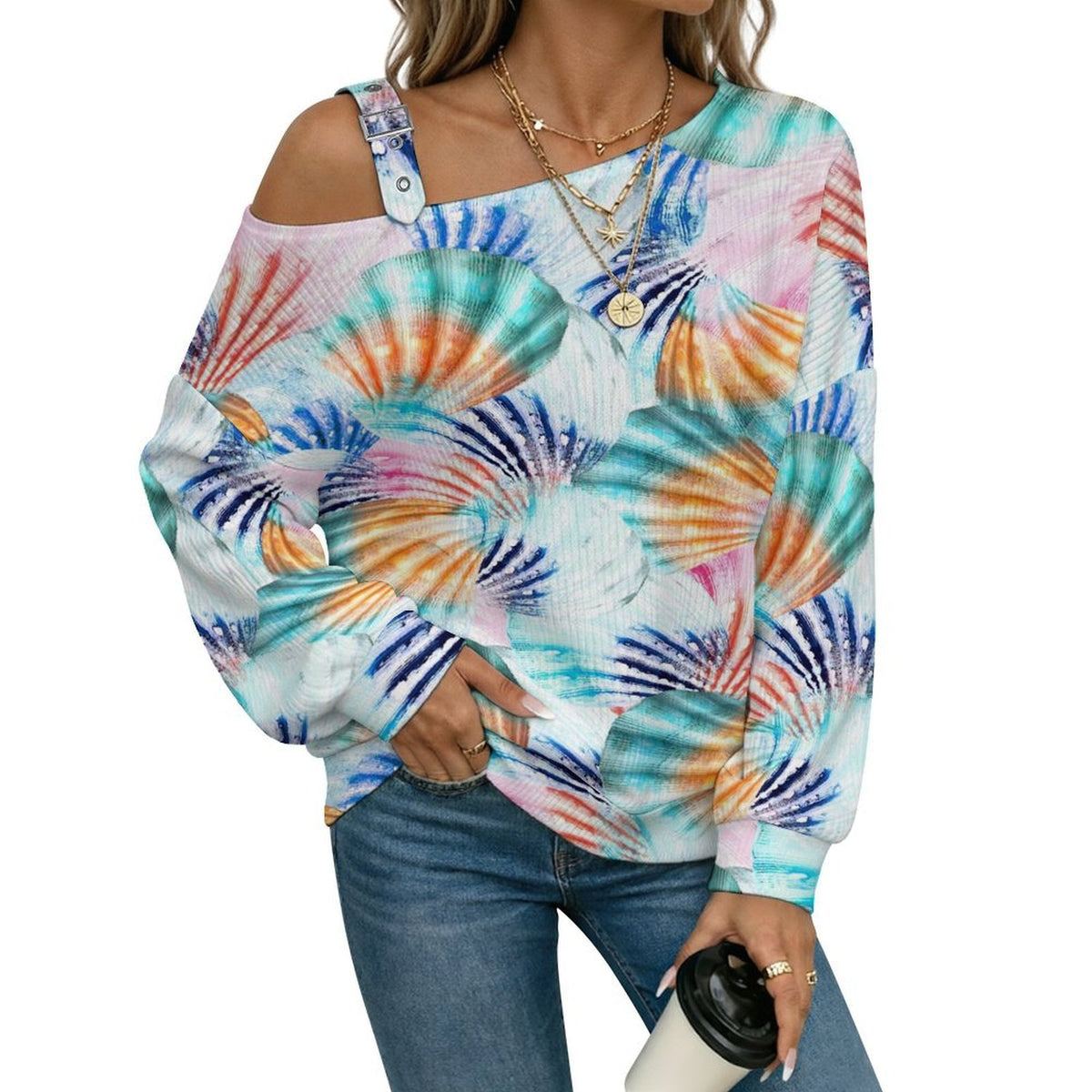 Off-the-shoulder Sweater Exotic Ethnic Pattern white S Women’s Off-Shoulder Knit Sweater