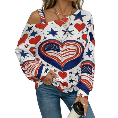 Off-the-shoulder SweaterUSA America Flag Independence Day Women’s Off-Shoulder Knit Sweater