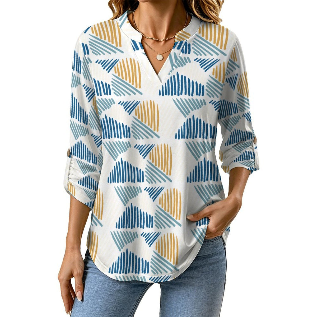 Floral, Repeating Pattern  Versatile Notched V-Neck Tunic | Roll Tab 3/4 Sleeve Office Casual Top