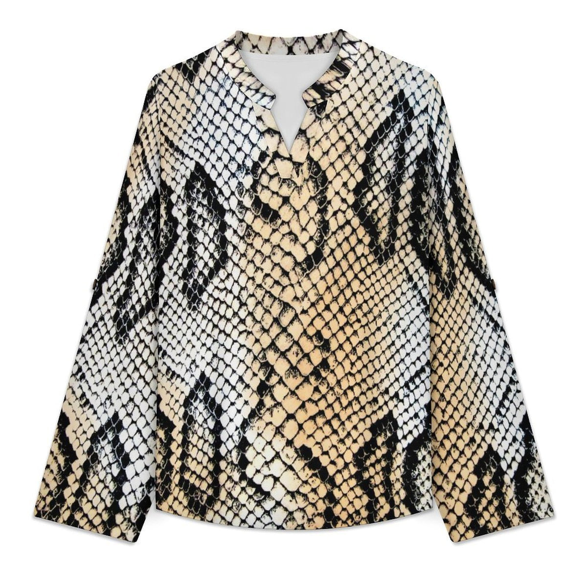 Versatile Notched V-Neck Tunic  Roll Tab 3/4 Sleeve Office Casual Top  Snakeskin Pattern, Repeating Pattern
