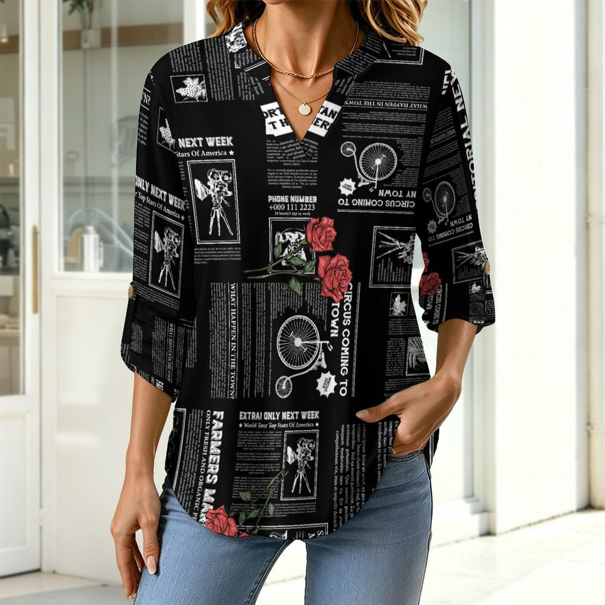 Versatile Notched V-Neck Tunic  Roll Tab 3/4 Sleeve Office Casual Top  Newspaper  Red Rose Black