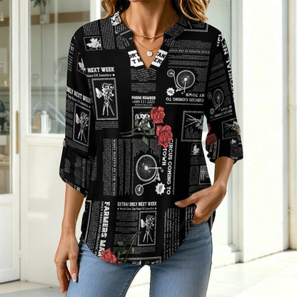 Versatile Notched V-Neck Tunic  Roll Tab 3/4 Sleeve Office Casual Top  Newspaper  Red Rose Black