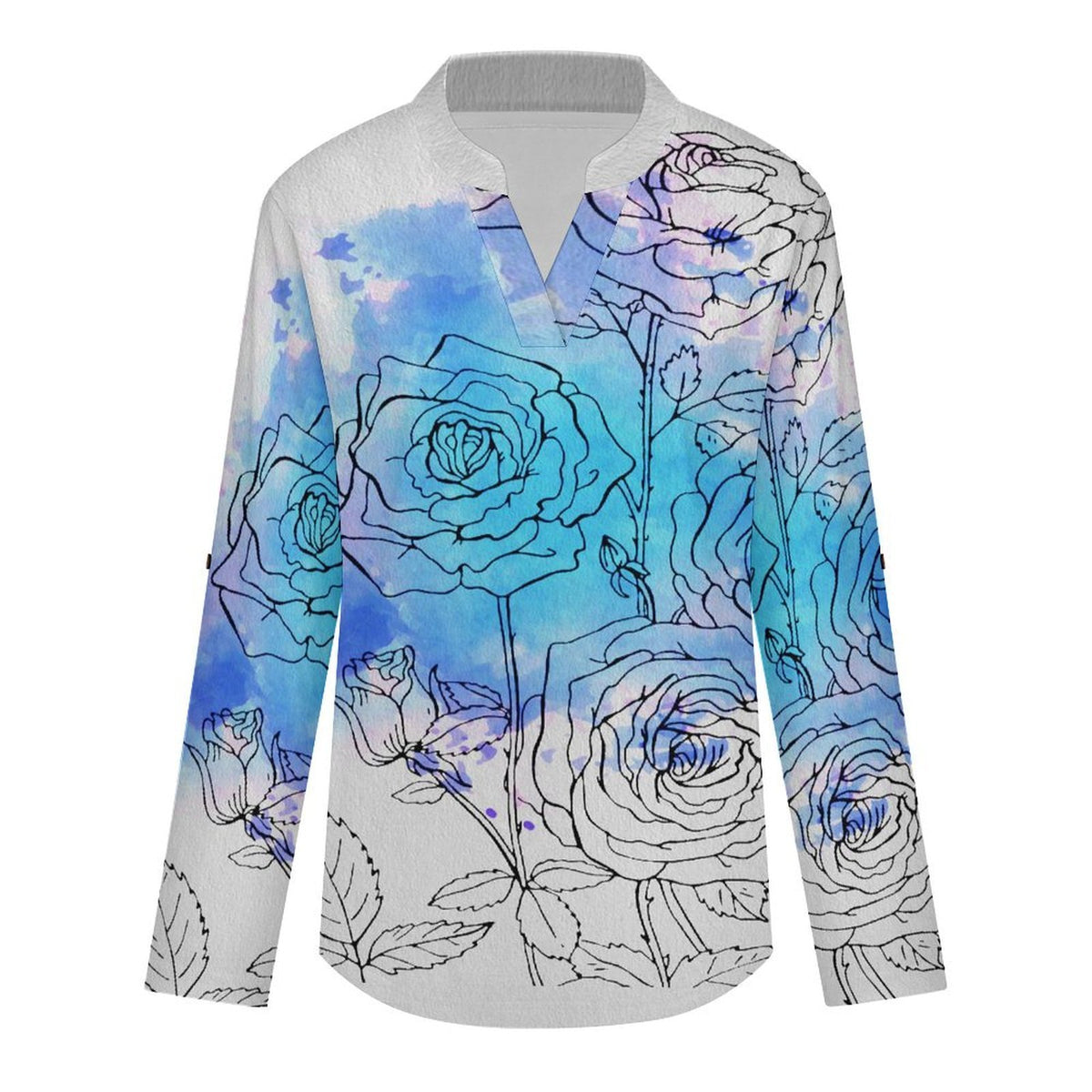 Versatile Notched V-Neck Tunic  Roll Tab 3/4 Sleeve Office Casual Top  Ink Painting, Flowers