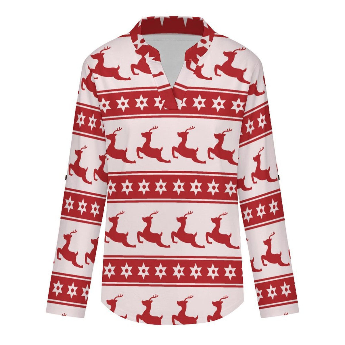 Christmas Reindeer Repeat Pattern  Versatile Notched V-Neck Tunic | Roll Tab 3/4 Sleeve Office Casual Top