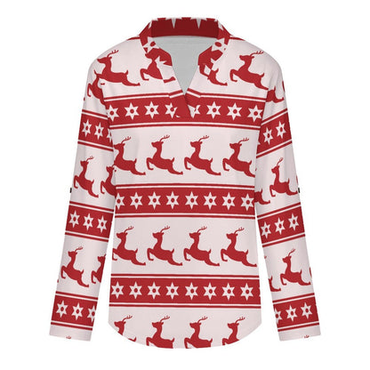 Christmas Reindeer Repeat Pattern  Versatile Notched V-Neck Tunic | Roll Tab 3/4 Sleeve Office Casual Top