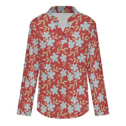 Versatile Notched V-Neck Tunic | Roll Tab 3/4 Sleeve Office Casual Top  Floral Repeat Pattern Skirt for Women