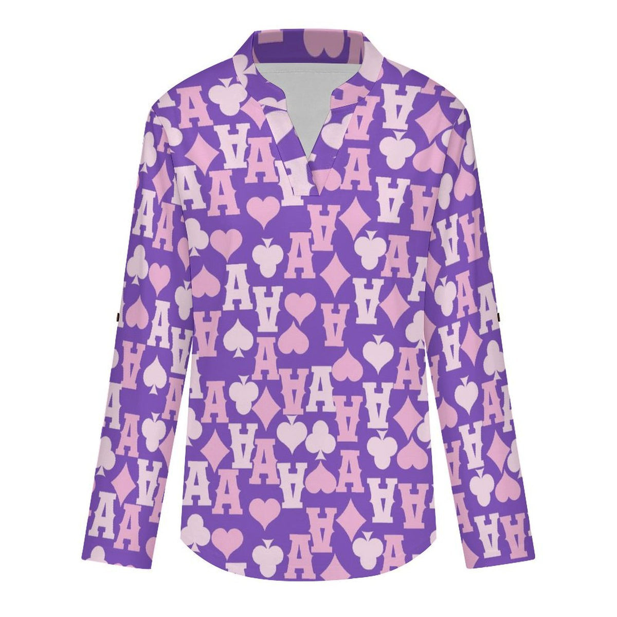 Poker A  Versatile Notched V-Neck Tunic | Roll Tab 3/4 Sleeve Office Casual Top