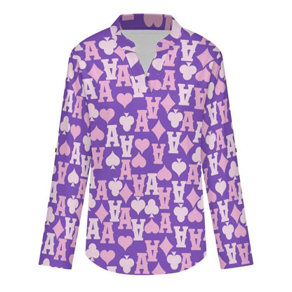 Poker A  Versatile Notched V-Neck Tunic | Roll Tab 3/4 Sleeve Office Casual Top