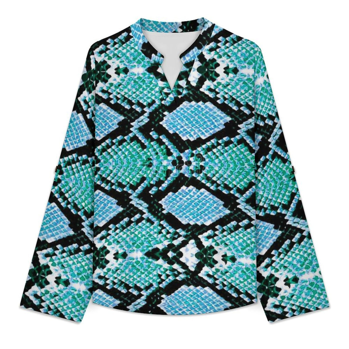 Snake Skin  Women Curved Hem V Neck Roll Sleeve Casual Work Top