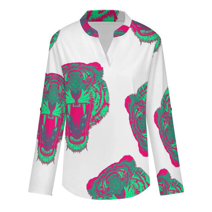Women's Notched V Neck Tunic Tops, Roll Up 3/4 Sleeve Button Cuff Casual Blouse, Hem Loose Work Shirts  Tiger - Repeat Pattern - Short Skirt