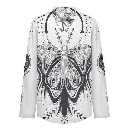 Women's Notched V Neck Tunic Tops, Roll Up 3/4 Sleeve Button Cuff Casual Blouse, Hem Loose Work Shirts  Butterfly, Galaxy