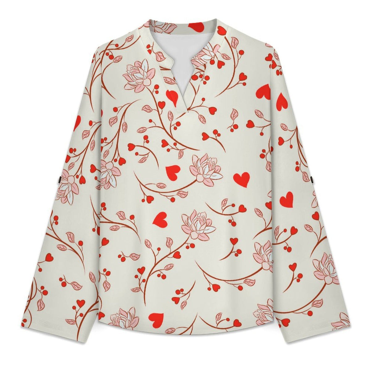 White Background Love Flowers  Versatile Notched V-Neck Tunic | Roll Tab 3/4 Sleeve Office Casual Top